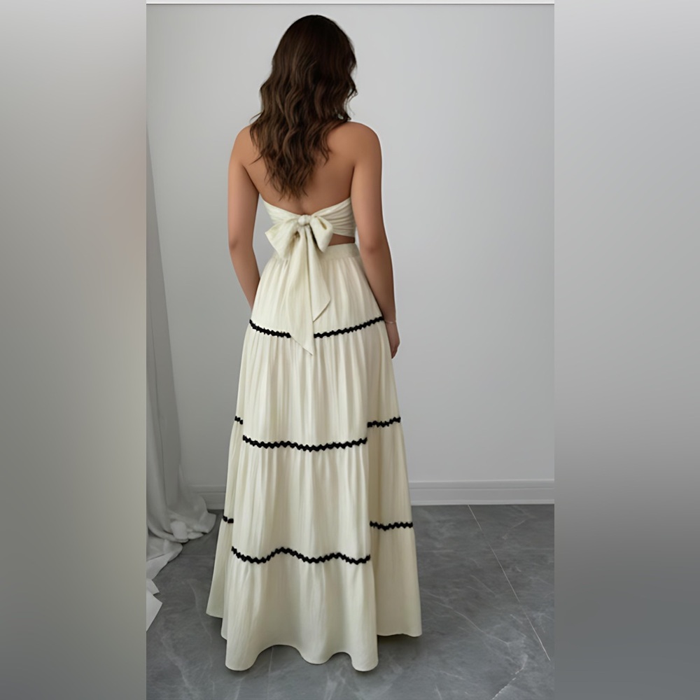 Boho Applique Cropped Bandeau Top And Skirt Set Beige - Picture 11 of 13